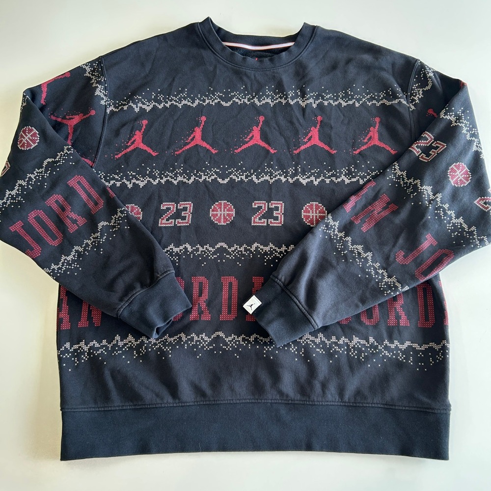Jordan Mens Holiday Fair Isle Jumpman Crewneck Sweatshirt Black Red Large